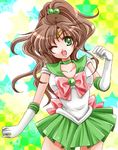  back_bow bishoujo_senshi_sailor_moon bow brown_hair choker elbow_gloves gloves green_choker green_eyes green_sailor_collar green_skirt hair_bobbles hair_ornament kino_makoto long_hair lowres magical_girl one_eye_closed pink_bow pleated_skirt ponytail sailor_collar sailor_jupiter sailor_senshi_uniform shirataki_kaiseki skirt smile solo star starry_background white_gloves 