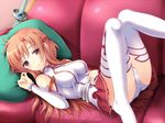  asuna_(sao) bare_shoulders breasts detached_sleeves hand_on_own_stomach korotan long_hair long_legs looking_at_viewer lying medium_breasts on_back orange_eyes orange_hair panties pillow skirt solo sword sword_art_online thighhighs underwear weapon white_legwear white_panties 