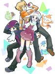  2boys beanie beret black_hair blonde_hair blue_hair boots chimchar coat gen_4_pokemon grin hat hikari_(pokemon) holding holding_poke_ball jun_(pokemon) koromo kouki_(pokemon) long_hair multiple_boys open_mouth orange_eyes pink_footwear piplup poke_ball pokemon pokemon_(creature) pokemon_(game) pokemon_dppt pokemon_platinum purple_eyes scarf simple_background smile tegaki turtwig white_scarf winter_clothes 