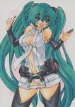  aqua_eyes aqua_hair border breasts bridal_gauntlets center_opening cleavage hatsune_miku hatsune_miku_(append) large_breasts long_hair navel necktie open_mouth pink_background simple_background solo thighhighs twintails very_long_hair vocaloid vocaloid_append white_border yutakasan-love 