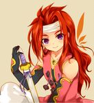  coat gloves headband long_hair male_focus purple_eyes red_hair scabbard sepia_background sheath shougo_kota sitting smile solo tales_of_(series) tales_of_symphonia zelos_wilder 