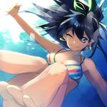  barefoot bikini black_hair blue_eyes earrings feet freediving ganaha_hibiki hoop_earrings idolmaster idolmaster_(classic) jewelry one_eye_closed shion_(kizuro) solo swimming swimsuit toes underwater 