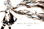  absurdly_long_hair hatsune_miku long_hair monochrome rituiti smile solo twintails very_long_hair vocaloid wind 