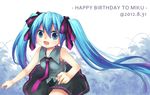  bad_id bad_pixiv_id bare_arms blue_eyes blue_hair bow hair_bow happy_birthday hatsune_miku highres long_hair looking_at_viewer necktie open_mouth shirt skirt sleeveless sleeveless_shirt smile solo twintails vocaloid yui_(daijun) 