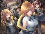  5girls bangs belt bipod black_legwear blush bomber_jacket braid breasts brown_eyes brown_hair bullpup chaps cleavage coat collared_shirt cracker eyebrows_visible_through_hair eyes_closed eyewear_on_head fingerless_gloves food french_braid g11_(girls_frontline) girls_frontline gloves grey_hair grizzly_mkv_(girls_frontline) gun hair_between_eyes hair_ornament hair_over_one_eye hair_ribbon hairclip high-waist_skirt highres holding holding_eyewear holding_food hood hood_down hooded_jacket jacket large_breasts long_hair looking_at_viewer medium_breasts mg5_(girls_frontline) multiple_girls neck_ribbon necktie o-ring one_side_up open_clothes open_mouth outdoors pantyhose partly_fingerless_gloves pelvic_curtain potato_tacos purple_eyes purple_hair red_eyes ribbon rifle ruins scar scar_across_eye scarf scarf_on_head shirt short_hair shorts shrug_(clothing) sidelocks silver_hair skirt sleeveless sleeveless_shirt sling smile sniper_rifle strapless sunglasses sunset tubetop twintails ump9_(girls_frontline) very_long_hair wa2000_(girls_frontline) walking walther walther_wa_2000 weapon white_shirt 