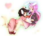  animal_ears barefoot black_hair blush bunny_ears bunny_tail dress error highres inaba_tewi long_hair misocha mouth_hold multiple_girls necktie pink_hair pleated_skirt red_eyes red_neckwear reisen_udongein_inaba short_hair skirt sweatdrop tail touhou 