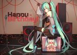  aqua_hair black_legwear breast_rest breasts cable detached_sleeves happy_birthday hatsune_miku highres long_hair microphone microphone_stand ovos petals sitting skirt small_breasts solo speaker thighhighs twintails very_long_hair vintage_microphone vocaloid 