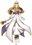  blonde_hair blue_eyes dress full_body gloves hat highres kouya long_hair mint_adenade nurse_cap shoes smile solo staff tales_of_(series) tales_of_phantasia white_background white_dress 