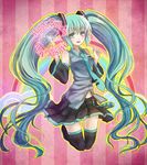  boots character_name detached_sleeves green_eyes green_hair happy_birthday hatsune_miku li_luo long_hair necktie pointing rainbow skirt solo striped striped_background thigh_boots thighhighs twintails very_long_hair vocaloid 