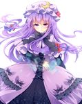  anthiea bad_id bad_pixiv_id bow capelet crescent dress hair_bow hat highres long_hair looking_at_viewer patchouli_knowledge purple_eyes purple_hair smile solo touhou 