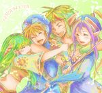  2girls copyright_name feena_(grandia) friends grandia grandia_i green_background happy hug justin_(grandia) laughing liete_(grandia) multiple_boys multiple_girls pointy_ears rapp_(grandia) smile yutohiroya 