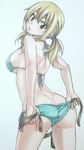  ass bikini blonde_hair blue_bikini breasts brown_eyes fairy_tail from_behind large_breasts lucy_heartfilia mashima_hiro open_mouth side-tie_bikini sideboob simple_background solo swimsuit twintails 