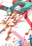  boots cake detached_sleeves food gift green_eyes green_hair hatsune_miku ian_olympia kneehighs long_hair musical_note solo twintails very_long_hair vocaloid 