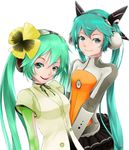  flower green_eyes green_hair hatsune_miku headset long_hair looking_at_viewer odds_&amp;_ends_(vocaloid) pansy project_diva_(series) project_diva_f saiki2 smile twintails vocaloid weekender_girl_(vocaloid) 