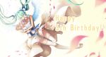  aqua_eyes birthday bouquet darkers dress floating_hair flower green_hair hatsune_miku headphones highres long_hair solo thighhighs twintails vocaloid wings 