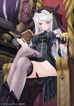  black_gloves black_panties book breasts copyright_name covered_nipples crossed_legs cup cupping_glass demon_horns facial_mark gloves goblet hair_ornament hair_over_one_eye holding holding_book horn horns large_breasts long_hair looking_at_viewer lucifugus_(moeru!_akuma_jiten) moeru!_akuma_jiten moeru!_jiten monocle nakano_sora open_book panties pinstripe_pattern purple_eyes silver_hair sitting solo striped thighhighs throne underwear vertical_stripes 