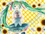  2012 asagi_(seal47) blue_eyes bow bowtie character_name checkered checkered_background daisy dated flower green_hair hair_ribbon happy_birthday hatsune_miku heart heart_hands heart_of_string long_hair ribbon skirt solo sunflower thighhighs twintails very_long_hair vocaloid 