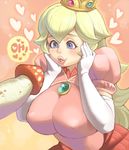  bad_id bad_pixiv_id blonde_hair blue_eyes breasts covered_nipples crown dress english hands_on_own_face heart impossible_clothes impossible_dress jewelry large_breasts lips long_hair maou_alba mario_(series) mushroom pink_dress princess_peach puffy_sleeves sexually_suggestive solo super_mario_bros. 
