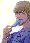  barnaby_brooks_jr blonde_hair eating food glasses green_eyes japanese_clothes kimono male_focus nuzuki_(mamewo) popsicle solo tiger_&amp;_bunny 