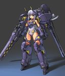  armor bodysuit cannon copyright_request flyx2 mecha_musume purple_eyes purple_hair simple_background smile solo 