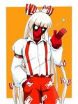  arm_garter bow collar cosplay crossdressing deadpool fujiwara_no_mokou fujiwara_no_mokou_(cosplay) gloves hair_bow hand_in_pocket hime_cut long_hair long_sleeves male_focus marvel mask overalls pants power_connection rariatto_(ganguri) red_pants shirt solo star suspenders touhou trait_connection very_long_hair white_hair white_shirt 