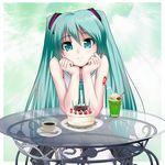  aqua_eyes aqua_hair bare_shoulders birthday birthday_cake cake candle cherry chin_rest cup drinking_straw food fruit glass_table hair_ornament happy_birthday hatsune_miku highres ice_cream ice_cream_float long_hair looking_at_viewer melon_soda ooiso_shouryuu pov_across_table pov_dating skirt spoon strawberry table teacup thighhighs twintails very_long_hair vocaloid white_legwear 