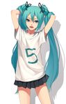  5 aqua_eyes aqua_hair arms_up fkey hatsune_miku highres long_hair looking_at_viewer number open_mouth simple_background skirt solo twintails very_long_hair vocaloid white_background 