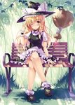  ;) arm_support bad_id bad_pixiv_id bench blonde_hair blush bow braid broom brown_eyes closed_mouth crossed_legs hat hat_bow hat_ribbon highres kiris kirisame_marisa long_hair one_eye_closed ribbon single_braid sink sitting smile solo sousouman touhou white_bow witch_hat wrist_cuffs yellow_eyes 