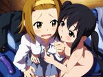  2girls ass black_hair blonde_hair blush breasts cleavage dildo eye_contact haiband highres k-on! legs long_hair looking_at_another medium_breasts multiple_girls nakano_azusa naked nude open_mouth pillow red_eyes same school_uniform short_hair sitting skirt sweatdrop tainaka_ritsu thighs twintails undressing yellow_eyes yuri 