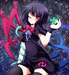  asymmetrical_wings black_hair black_legwear creta_(taku10) dress houjuu_nue one_eye_closed red_eyes short_hair sitting smile snake solo thighhighs touhou ufo wings 