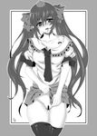  bad_id bad_pixiv_id blush censored collarbone greyscale hat himekaidou_hatate long_hair monochrome off_shoulder open_mouth pointy_ears puffy_sleeves pussy pussy_juice sen_hisame short_sleeves solo standing thighhighs tokin_hat touhou twintails 