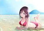  barefoot beach bikini blue_eyes breasts brown_hair cleavage day looking_at_viewer lying medium_breasts on_stomach original outdoors partially_submerged red_bikini short_hair smile solo swimsuit tera_(teraura) water 