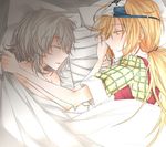  bad_id bad_pixiv_id bare_shoulders bed binbougami_ga! blanket blonde_hair closed_eyes couple hatyo long_hair lying momiji_(binbougami_ga!) multiple_girls naked_sheet pillow sakura_ichiko short_hair silver_hair sleeping triangular_headpiece yellow_eyes yuri 