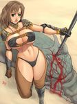  1girl armor bikini_armor blood breasts brown_hair dragon green_eyes large_breasts long_hair original solo tenji weapon 
