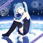  ahoge bad_id bad_pixiv_id blue_eyes blue_hair boots character_name earrings happy_birthday hatsune_miku highres jewelry long_hair p19950916 reflection sitting skirt smile solo star thigh_boots thighhighs twintails very_long_hair vocaloid 