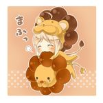  ^_^ ahoge animal_costume artoria_pendragon_(all) biting blonde_hair blush chibi closed_eyes fate/tiger_colosseum fate_(series) lion lion_costume mister_donut pon_de_lion saber_lion serino_itsuki solid_circle_eyes tears 