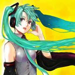  777wonders bad_id bad_pixiv_id detached_sleeves floating_hair green_hair hatsune_miku headphones long_hair necktie purple_eyes solo twintails vocaloid 