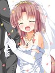  :d ^_^ animal_ears arm_holding asa_no_ha bare_shoulders blush breasts brown_hair cleavage closed_eyes confetti dog_ears dog_tail dress elbow_gloves fang gloves jewelry long_hair married medium_breasts necklace open_mouth original smile tail veil wedding_dress 