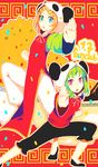  animal_hat aqua_eyes bad_id bad_pixiv_id blonde_hair blush china_dress chinese_clothes dress green_hair gumi hair_ornament hairclip hat kagamine_rin looking_at_viewer multiple_girls open_mouth outstretched_arms panda_hat red_eyes shiu_(pika) short_hair vocaloid yie_ar_fan_club_(vocaloid) 