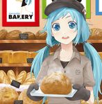  bakery blue_eyes blue_hair blush bread eyebrows food hat hatsune_miku long_hair looking_at_viewer mitsunari open_mouth oven_mitts shop solo steam tray twintails vocaloid 