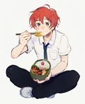  21grams chopsticks food full_body male_focus necktie obentou red_hair sanada_yuki shoes sitting smile solo tsuritama white_background 