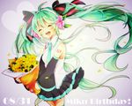  ahoge birthday bouquet closed_eyes detached_sleeves floating_hair flower green_hair hair_flower hair_ornament hair_ribbon hatsune_miku long_hair mirin_(aniyokopo) necktie open_mouth ribbon skirt solo twintails very_long_hair vocaloid 