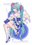  2012 bow bowtie character_name dated garters gloves green_eyes green_hair hair_ribbon hatsune_miku high_heels long_hair midriff musical_note navel ribbon shoes skirt solo suspenders twintails very_long_hair vocaloid wings yayoi_(egoistic_realism) 