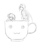  :3 akemi_homura bad_id bad_pixiv_id cup greyscale in_container in_cup kaname_madoka kyubey mahou_shoujo_madoka_magica monochrome multiple_girls sketch teacup watanabe_ignica 