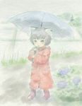  boots chen flower highres hydrangea no_hat no_headwear open_mouth rain raincoat rubber_boots saraband solo touhou traditional_media umbrella 