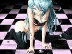  7ban all_fours alternate_hairstyle aqua_eyes aqua_hair black_bra black_legwear bottomless bra chain chained checkered checkered_floor condom_wrapper hair_ribbon hatsune_miku lace lace_bra long_hair looking_at_viewer no_shirt off_shoulder ribbon solo strap_slip suggestive_fluid tattoo thighhighs tile_floor tiles underwear underwear_only vocaloid 