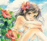  bikini blush brown_eyes brown_hair cloud crossed_arms day flower front-tie_top hair_flower hair_ornament hibiscus long_hair looking_at_viewer original parted_lips sitting sky solo swimsuit toyoda_izumi traditional_media water wind 