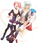  2girls black_legwear blue_hair boots dark_skin eyepatch flower full_body green_eyes grey_hair hair_over_one_eye inazuma_eleven inazuma_eleven_(series) jewelry long_hair multiple_girls nana0813 necklace otonashi_haruna pink_hair purple_eyes rose sakuma_jirou short_hair skirt smile socks takanashi_shinobu thighhighs white_legwear yellow_eyes 