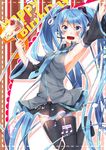  armpits bad_id bad_pixiv_id blue_eyes blue_hair blush cake detached_sleeves food fork happy_birthday hatsune_miku highres jumping long_hair musical_note necktie open_mouth sakuragi_ren skirt solo thighhighs twintails very_long_hair vocaloid 