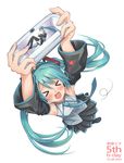  &gt;_&lt; aqua_hair blush closed_eyes detached_sleeves foreshortening from_above handheld_game_console hatsune_miku heart long_hair open_mouth pinakes playing_games playstation_vita simple_background skirt solo tears very_long_hair vocaloid 